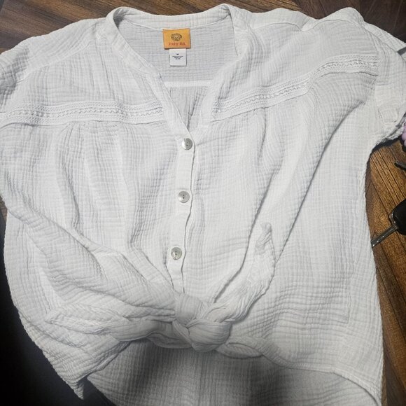 Ruby red Soft boho 100% cotton White crinkle front tie Vneck top M - Picture 4 of 5